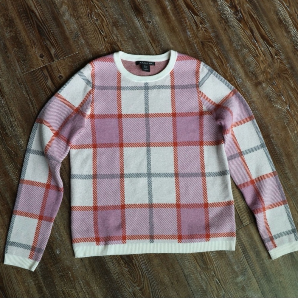 Tahari Womens Plaid Windowpane Quiet Luxury Sweater Long Sleeve Pink White M